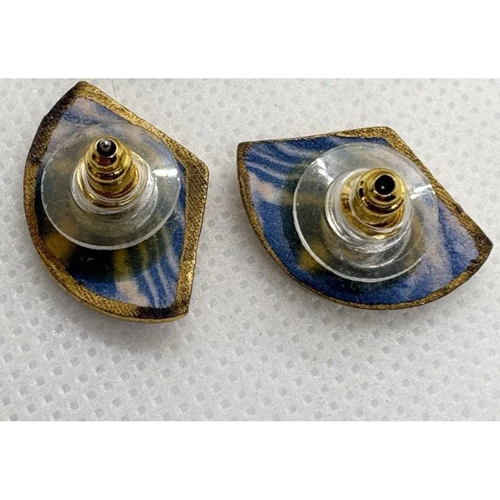 Vintage Artisan Ceramic Earrings Abstract Blue & Pink‎ Swirl Gold Tone Edge